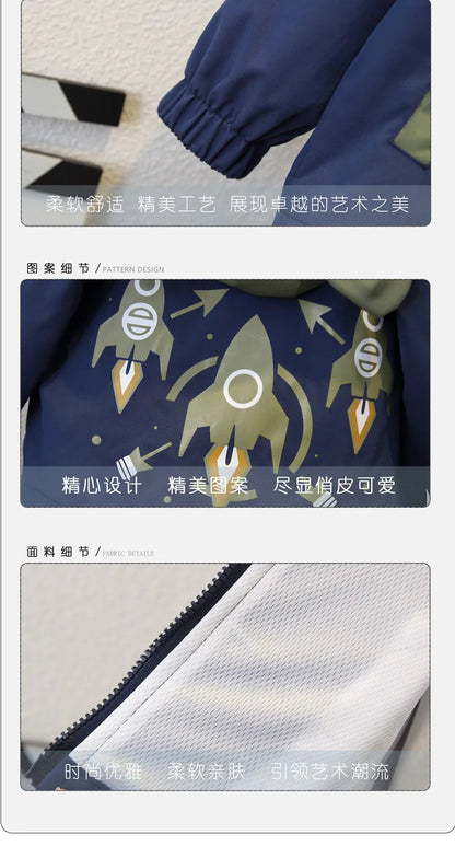 2025 Spring Autumn Kids Jacket Baby Boy Fashion Rocket Print Hooded Zipper Windbreaker Coat Children Clothing Outerwear 2-12 Yrs