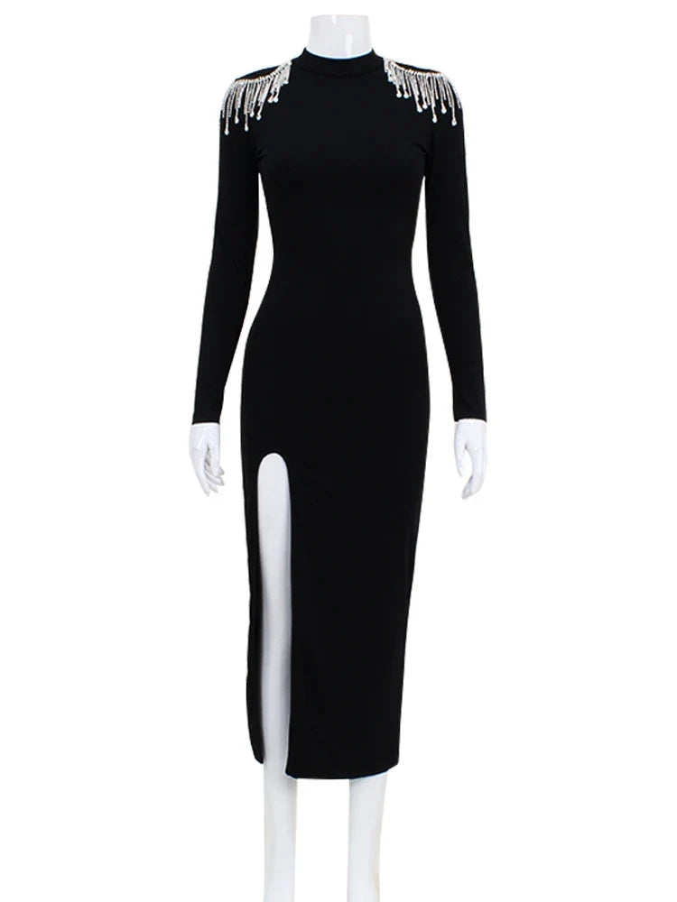 Fashion Hollow Out Women Maxi Dresses Sexy Solid Backless Casual Turtleneck Slim Elegant Bodycon Vestidos Robes Split