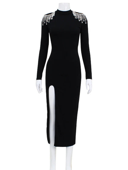 Fashion Hollow Out Women Maxi Dresses Sexy Solid Backless Casual Turtleneck Slim Elegant Bodycon Vestidos Robes Split