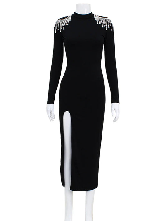 Fashion Hollow Out Women Maxi Dresses Sexy Solid Backless Casual Turtleneck Slim Elegant Bodycon Vestidos Robes Split