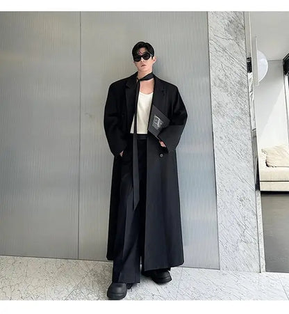 Spring Autumn Extra Logn Black Oversized Flowy Soft Trench Coat for Men with Back High Slit Loose Casual Overcoat