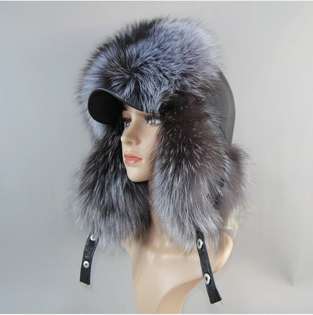 100% Real Fox Fur Hat Women's Russian Ushanka Aviator Trapper Snow Skiing Hat Caps Earflap Winter Raccoon Fur Bomber Hat