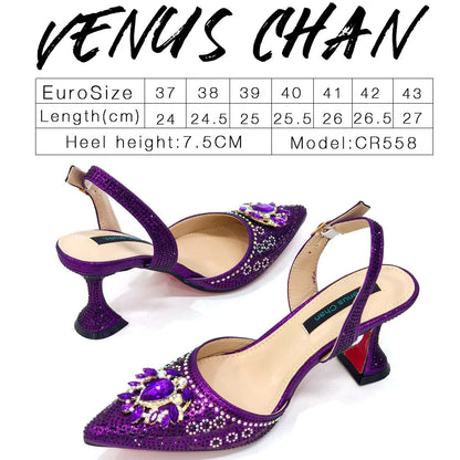 2024 Latest Wedding Pointed Toe Women's Shoes High Heel Black Color Rhinestones italian shoes and bags matching set
