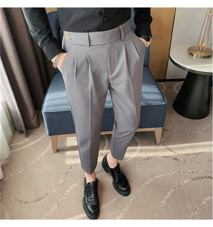 British Style Twill Pleat Design Naples High Waist Casual Trousers Fashion Man Slim Simple Social Party Suit Pant Plus Size 38