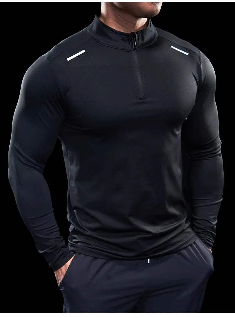 Men Stand Collar Zipper T-shirt Gym Running Training Fitness Bodybuilding Sport Top Quality Elastic Long Sleeve Tight Tops Tees