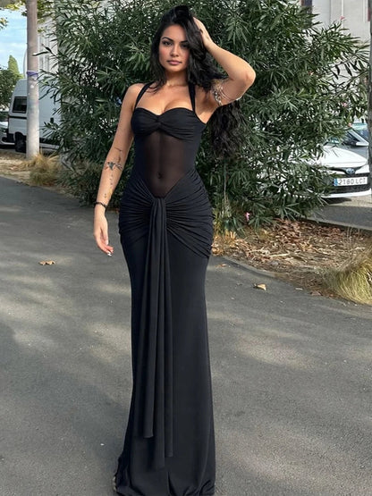 Halter Mesh Patchwork Dress Women Summer Trend Off Shoulder Backless Ruched Ribbon Midnight Prom Party Hipster Vestidos