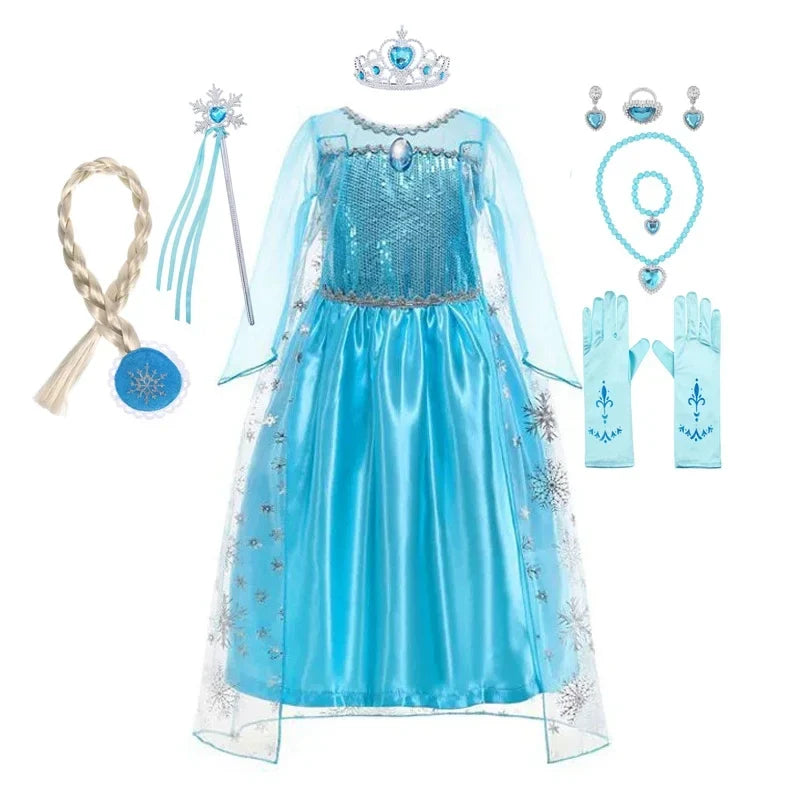 Elsa Anna Princess Dress Girls Cosplay Mesh Sequin Costumes Kids Snow Queen Halloween Carnival Birthday Party Gowns 12Y