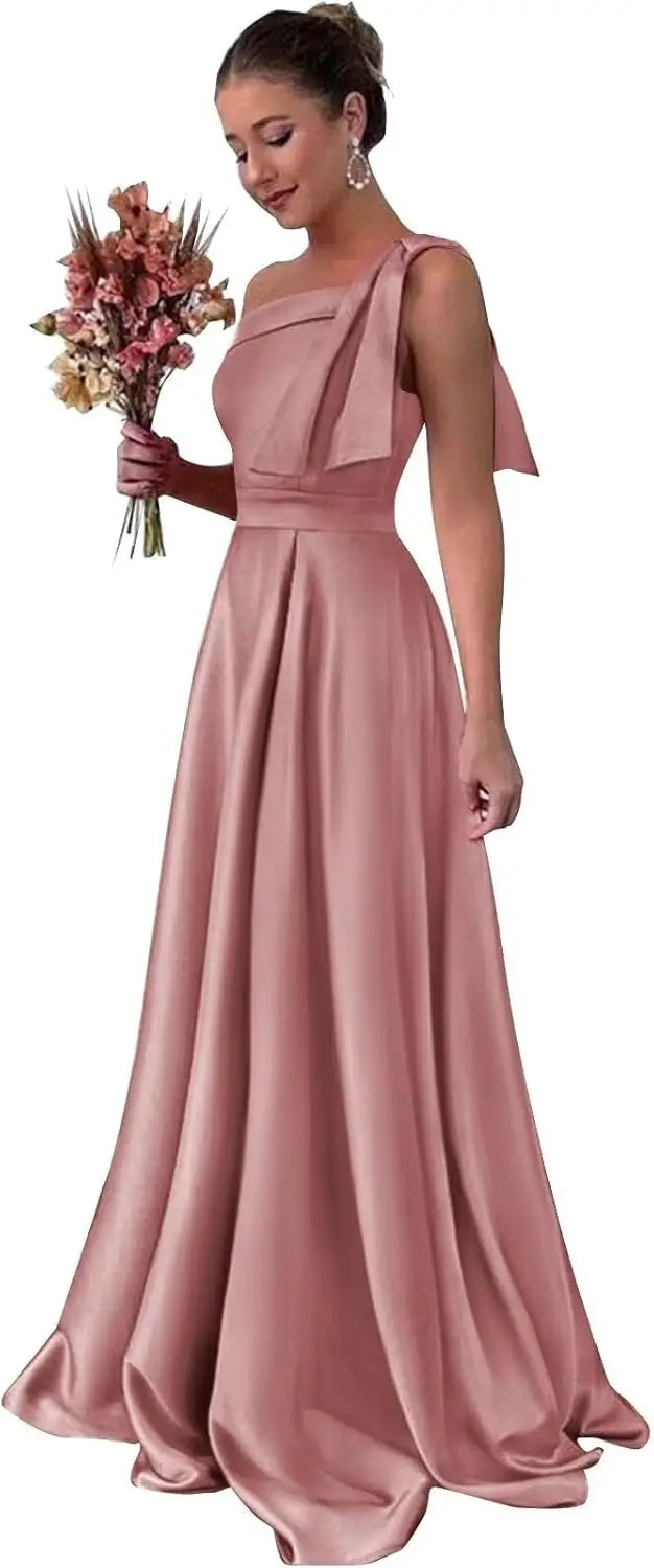One Shoulder Large Bow Bridesmaid Dress with Pleated Satin and Pockets Simple ,Stylish Ball Dressadies' Guest One Shoulder Dress