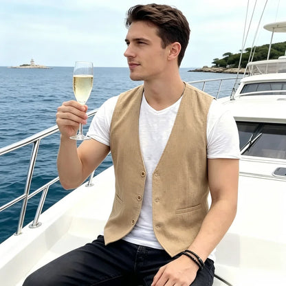 Men's Summer Linen Vest  V Neck Suit Waistcoat Casual Vest Regular Fit Men's Linen Vest