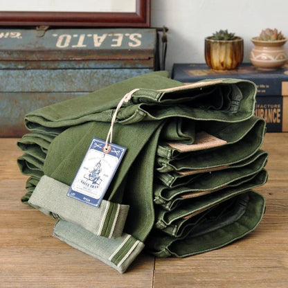 Men Jeans Vulcanization Olive Green 107 Selvedge Denim Jeans Men Washed Slim Fit 14 Oz Zipper Fly