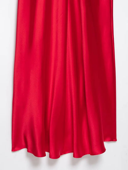 2025 Women Red V-Neck Holiday Style Satin Texture Long Dress Sleeveless Summer Women's Back Zipper Fashion Sling Dresses