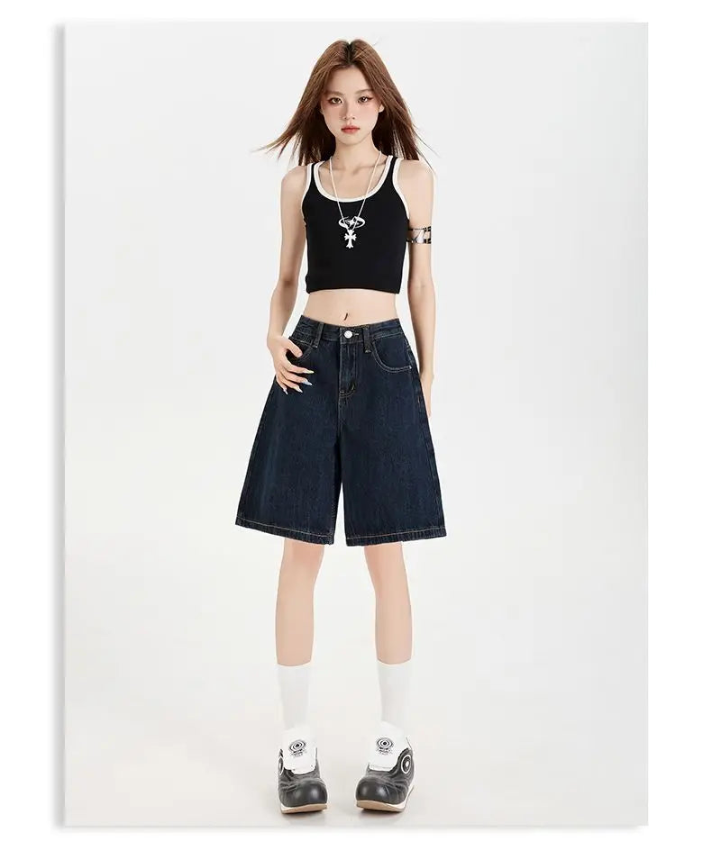 Women's High Waist Wide Leg  Y2K American Retro Washed Five-Point Denim Shorts Summer Loose Slim Straight Cut Mid-Length Pants