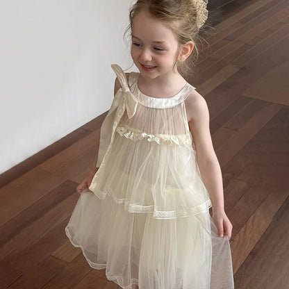 Girls Princess Dress Summer Kids French Sweet Sleeveless Bowknot Tulle Tutu Fluffy Birthday Party Pageant Dresses