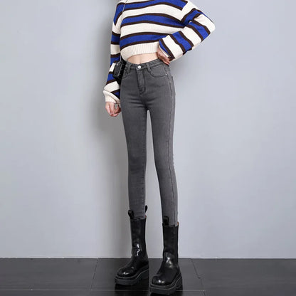 New Women Thermal Jeans Winter Snow Warm Plush Stretch Jeans Lady Skinny Thicken Students Denim Pants Fleece Mom Fur Trousers