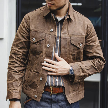 Amekaji Retro Male Oil Waxed Jacket Canvas Cotton Khaki Military Uniform Light Casual Work Safari Style Coats Man Clothing