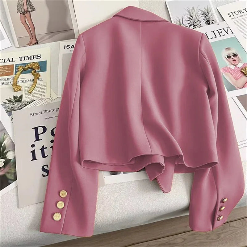 High-Quality Double Breasted Crop Blazer Women Korean Solid Long Sleeve Suit Coat Office Ladies Elegant Short Jacket Female Coat
