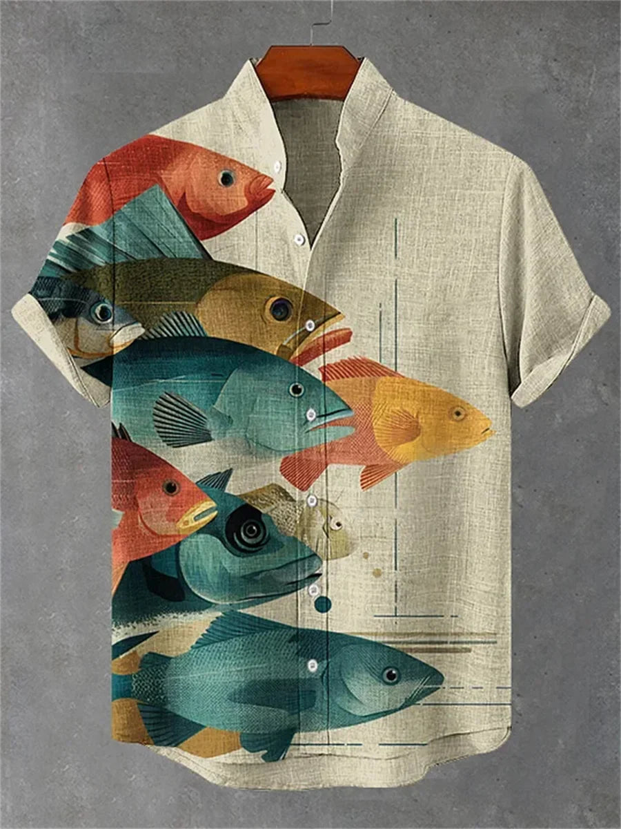 Men's short-sleeved shirt, samurai ink painting print, loose and breathable casual top, trendy retro design Hawaiian shirt.