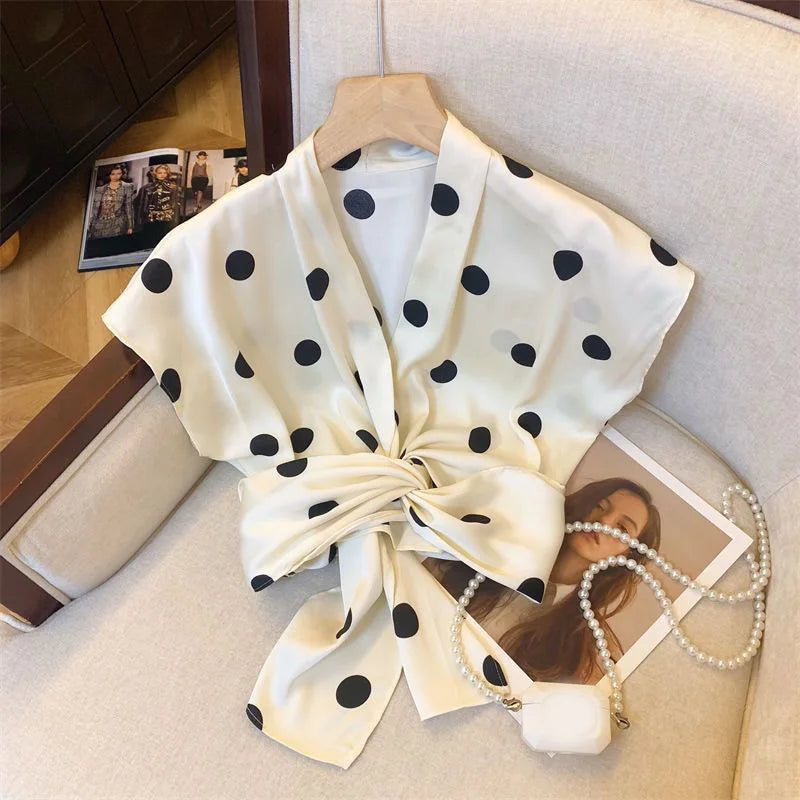 Sexy Cropped Dot Shirt Women Vintage Slim V Neck Short Sleeve Design Blouse French Retro Casual Bow Lace Up Summer Elegant Tops
