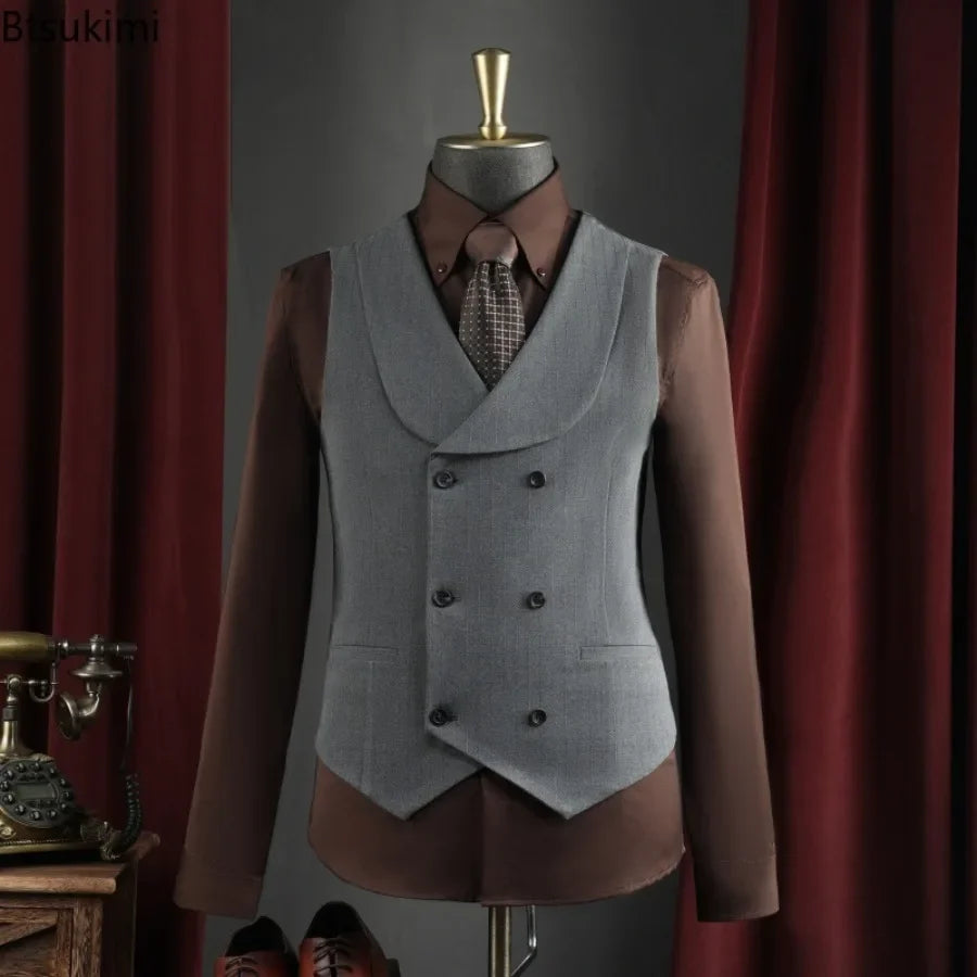 Men's Business Suit Vest Turn Down Collar Double-breatsed Man Waistcoat Slim Simple Solid Color Breathable Versatile Male Vest