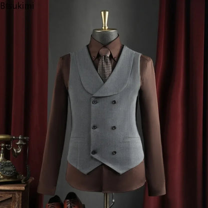 Men's Business Suit Vest Turn Down Collar Double-breatsed Man Waistcoat Slim Simple Solid Color Breathable Versatile Male Vest