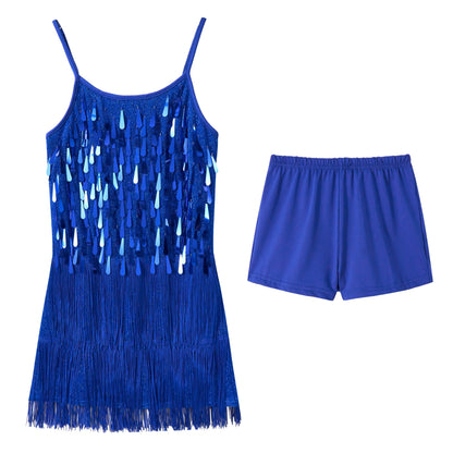 LOlanta 2Pcs Girls Sequin Latin Dance Dress Tassel Salsa Dancewear Sequin Fringe Dress Performance Outfits