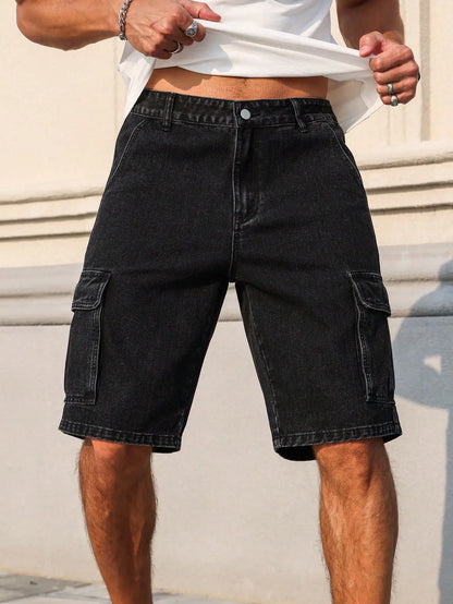 Men's Summer Denim Black Shorts. Workwear Style. For Daily Leisure. Creating a Trendy Street-Style Look.