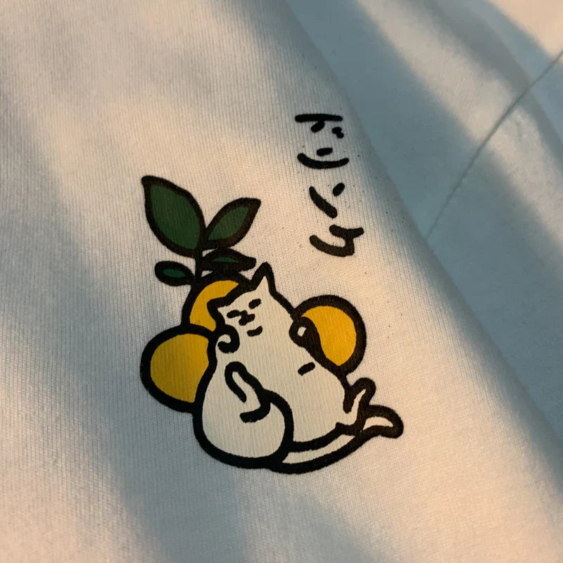Cute Japanese Cat Print Oversized T-shirt men Women Short Sleeve Loose Casual Tee Shirt Streetwear Tops Cotton Harajuku Clothing