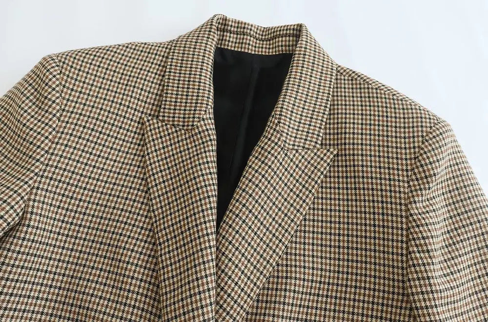 Women Fashion Double Breasted Plaid Blazer Coat Vintage Long Sleeve Flap Pockets Female Outerwear Chic Vestes Femme