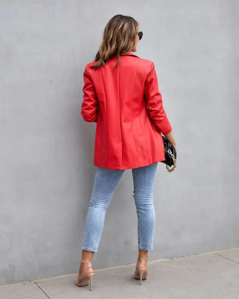 Elegant Chic Jacket Office Lady Long Sleeve Lapel Collar Single Breasted Pocket Coat Outwear 2025 Women PU Leather Suit Blazer