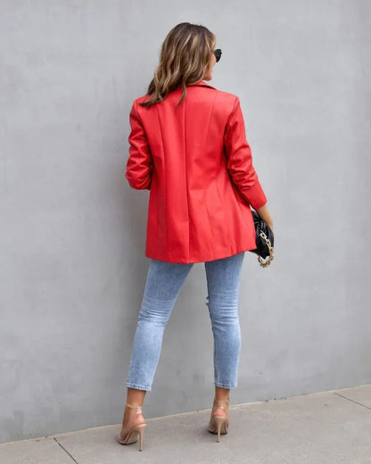 Elegant Chic Jacket Office Lady Long Sleeve Lapel Collar Single Breasted Pocket Coat Outwear 2025 Women PU Leather Suit Blazer