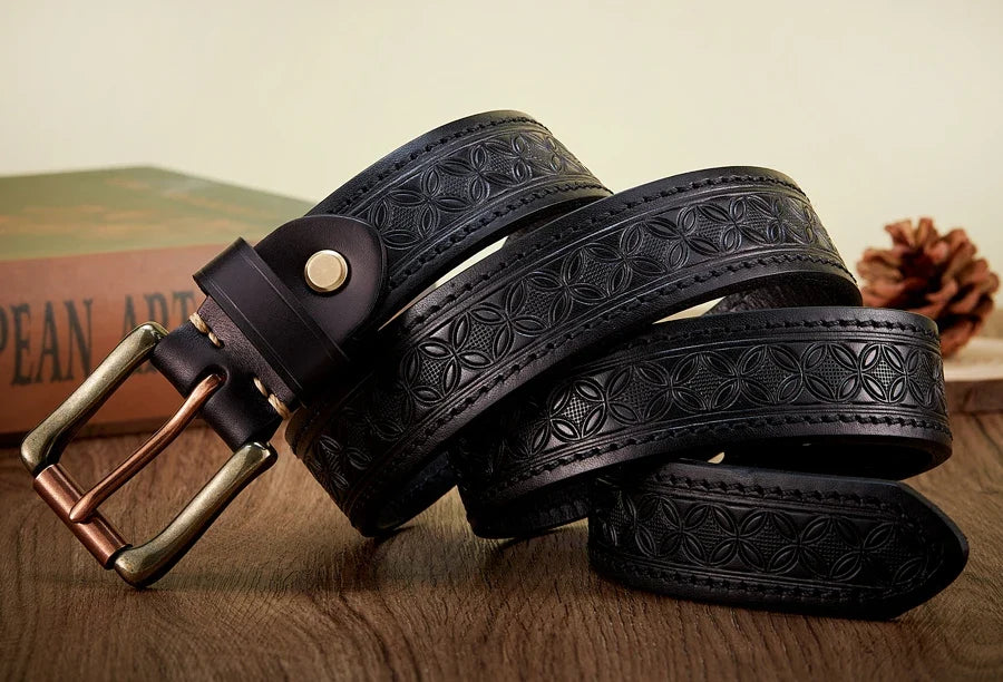 High Quality Embossed Western Cowboy Brass Buckle Belt Real Thick Genuine Leather Designer Men Belt Punk Jeans Belts For Men