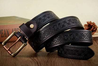 High Quality Embossed Western Cowboy Brass Buckle Belt Real Thick Genuine Leather Designer Men Belt Punk Jeans Belts For Men