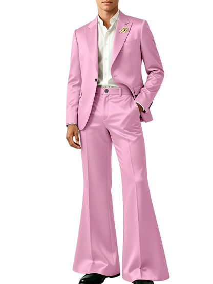 Luxury Men's Shiny Satin Suit 2 Piece Notch Lapel 1 button Jacket Wide Leg Flared Pants Wedding Groom Tuxedo Formal Party