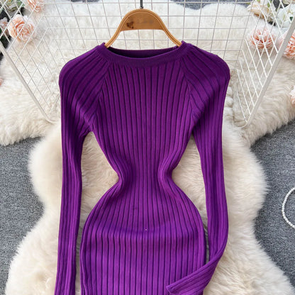 Winter Women Knit Maxi Dress O Neck Autumn Long Sleeve Slim Solid Harajuku Ladies Fashion Pencil Sweater Long Dresses