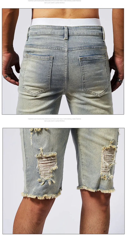 Vintage Denim Shorts Men's American Stretch Slim Jeans Fashion Ripped Streetwear Male Hole Frayed Short Pants Blue Black