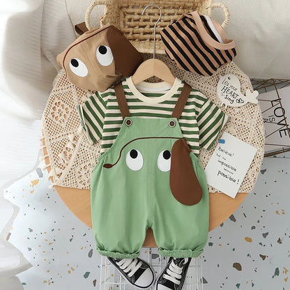 New Kids Baby Boys Girls Clothes For Summer Children Cartoon Striped T-Shirt Bib Pants 2Pcs/Set Toddler Fashion Tracksuits