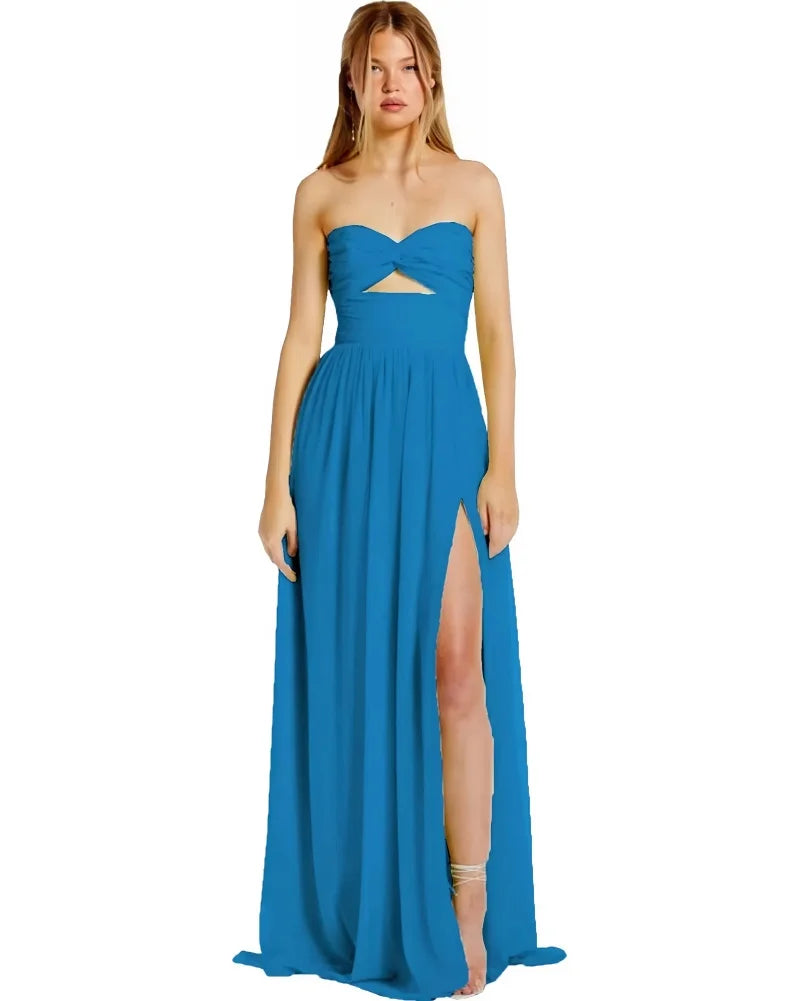 Strapless Chiffon Prom Dresses Pleated Sexy High Split Backless Cocktail Party Dress Off The Shoulder Long Homecoming Dress