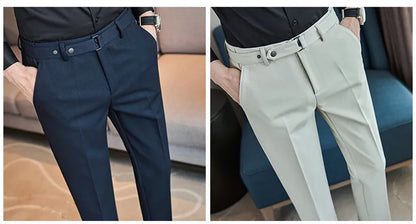Fashion Belt Decoration Design Men's Suit Pants High Quality Business Slim Fit Casual Straight Formal Wedding Party Trousers