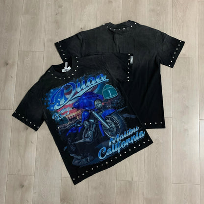 Car Letter Rhinestone Washed Cotton Short Sleeve Tshirts for Men and Women Harajuku Hip Hop Loose Shinning Diamond Tees Oversize