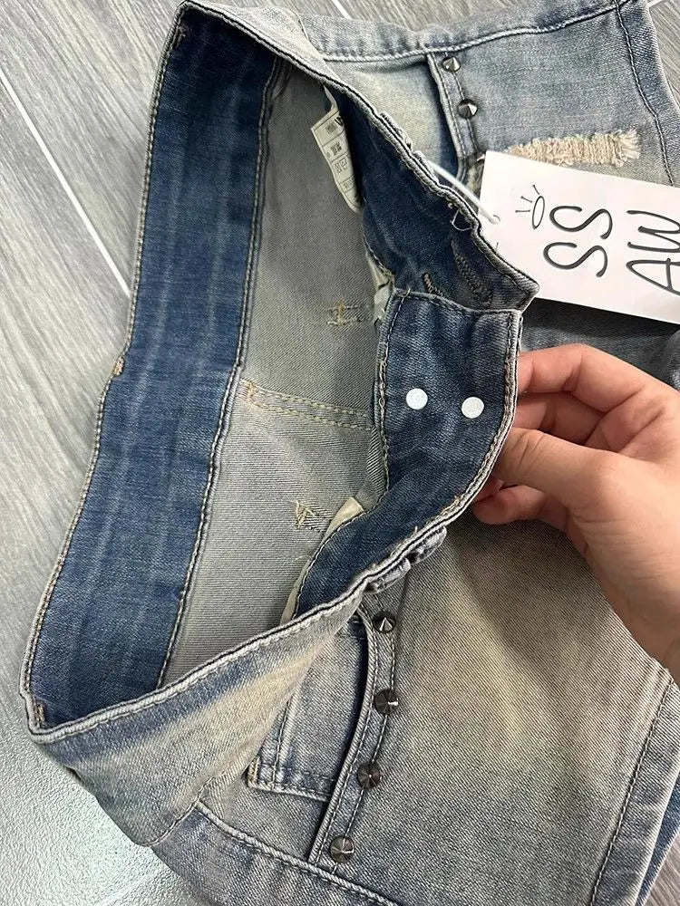 American Retro Washed Worn Denim Shorts Jeans Women's Summer Design Riveted Low-rise Hot Pants Shorts Feminino
