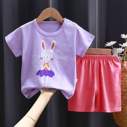 Cotton Short Sleeve T-shirts and Shorts 2PCS Breathable Outfit For Girls New Boys Summer Clothing Set Full Bear Print