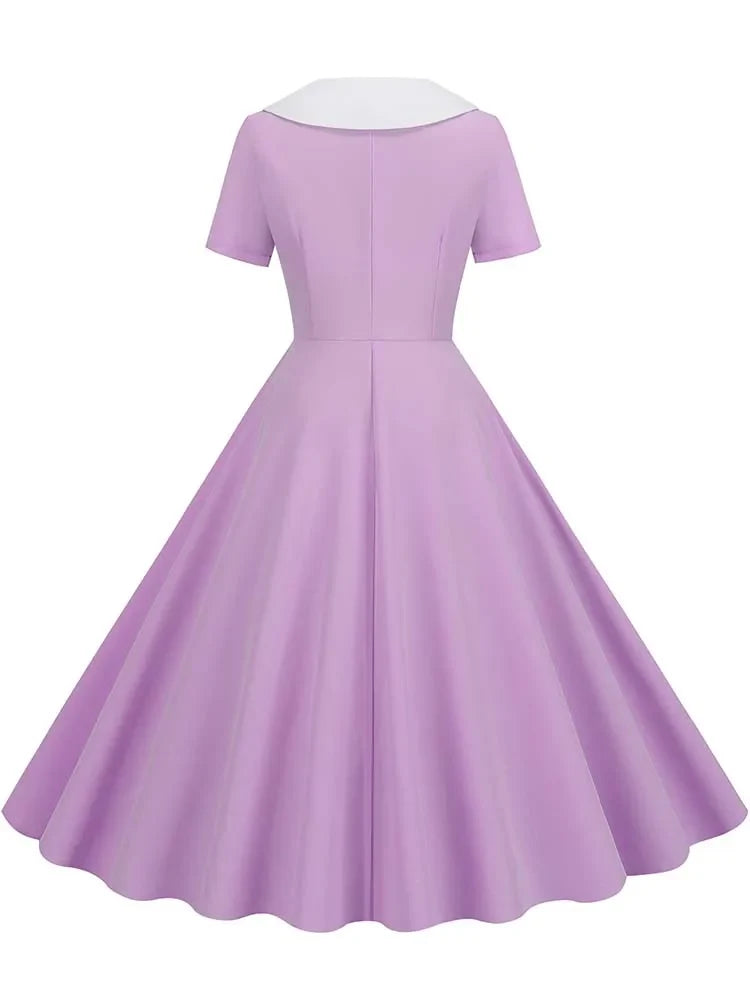 Summer Midi Dress Women Elegant Pink Vintage Party Sundress Casual Peter pan Collar Short Sleeve Dress