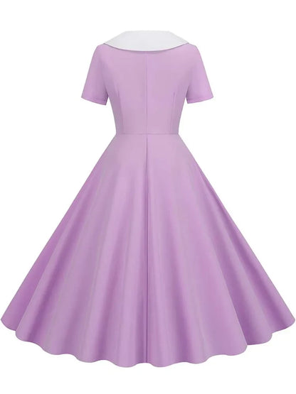 Summer Midi Dress Women Elegant Pink Vintage Party Sundress Casual Peter pan Collar Short Sleeve Dress