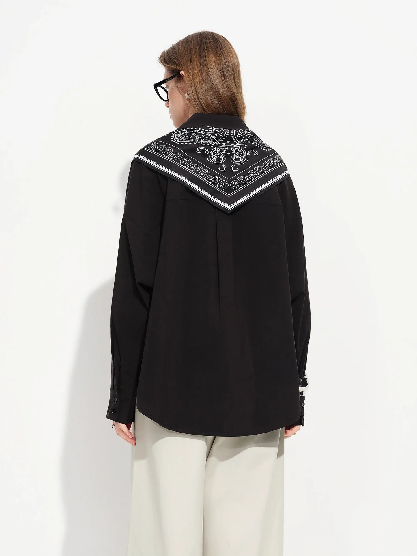 Vintage Print Long Sleeve Blouse for Women with Silk Scarf Collar Turned-Up Collar Commute Casual 2026 New Arrival Shirts