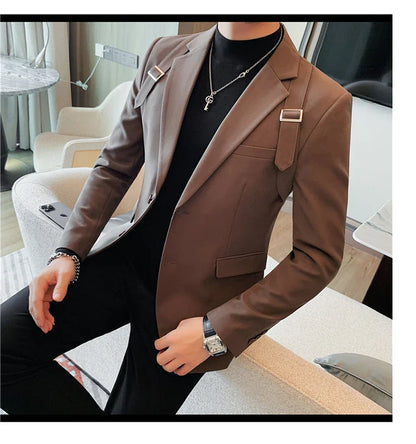 2024 Autumn Winter New Strap Decoration Suit Jacket for Men Fashion Slim Casual Business Blazers Groom Wedding Social Tailcoat