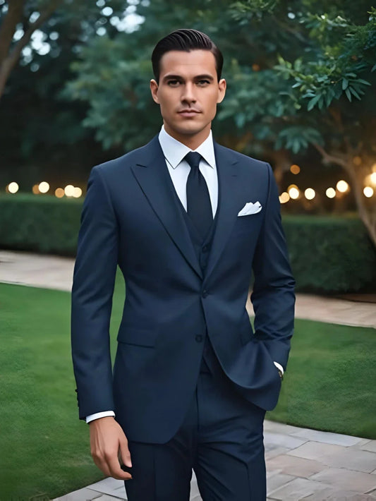 Classic Formal Men's Business Tuxedo 3 Pieces Blazer Vest Pants Classy Blue Suit Set For Men Wedding Party Guest Outfit