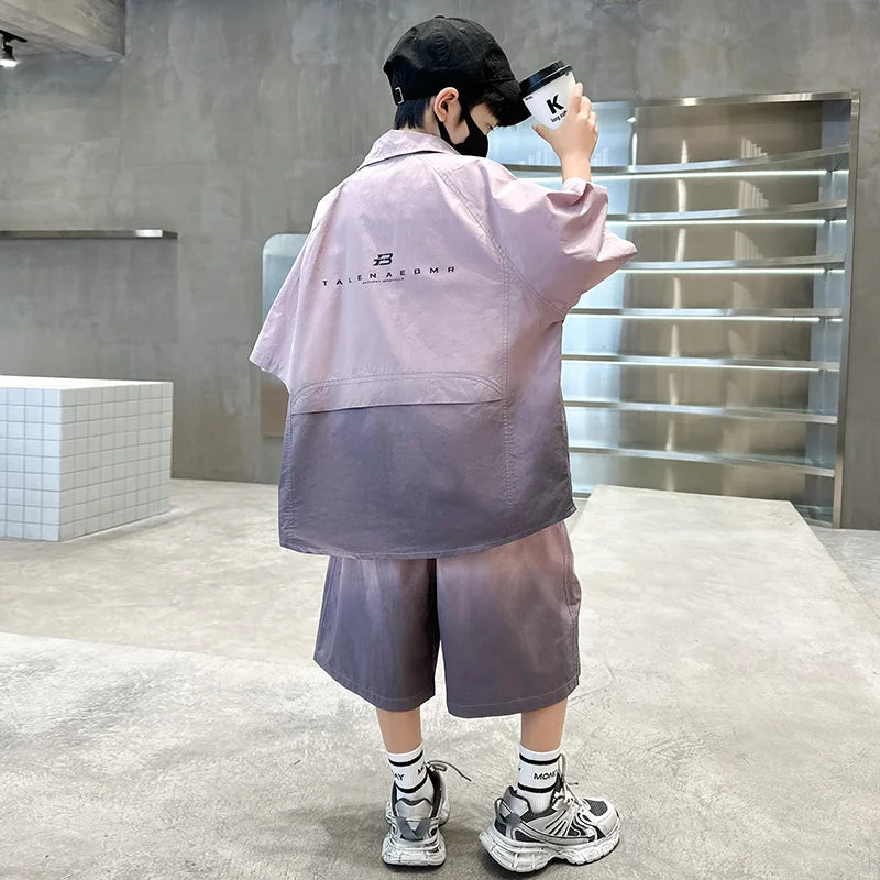 Fashion Kids Clothing Set Shirt Shorts Summer Suit for Teenage Boy Loose Casual Gradient Color Clothes Set Child Luxury Outfit