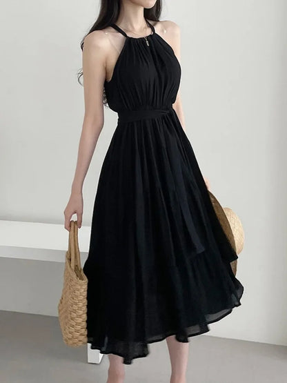 Korean Style Summer Slimming Necktie Waist Cinched Sleeveless Vest Long Dress Women's Fashionable Commute Style Inner Wear