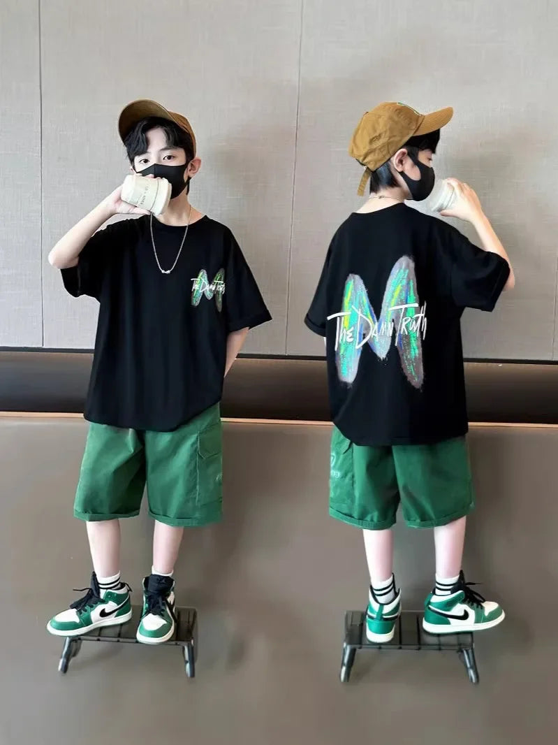 Summer Boys Cotton Leisure Loose Contrast Alphabet T-Shirt Top+Shorts Pant Set School Kids 2PCS Tracksuit Children Outfit 5-16Yr