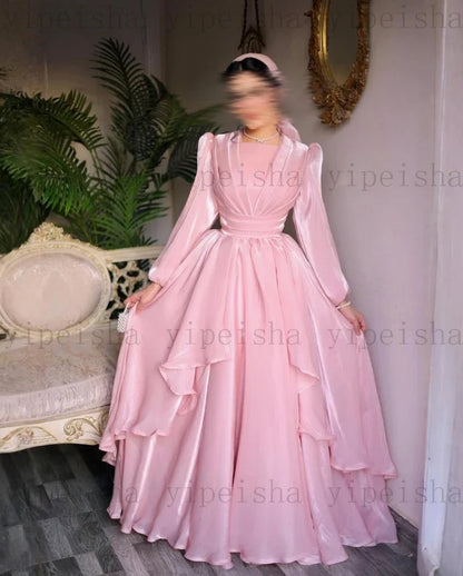 Customized Pink Evening Dresses square collar Full Sleeve Tiered Ruffles organza A-Line Prom Gown Simple Long Dubai Dress